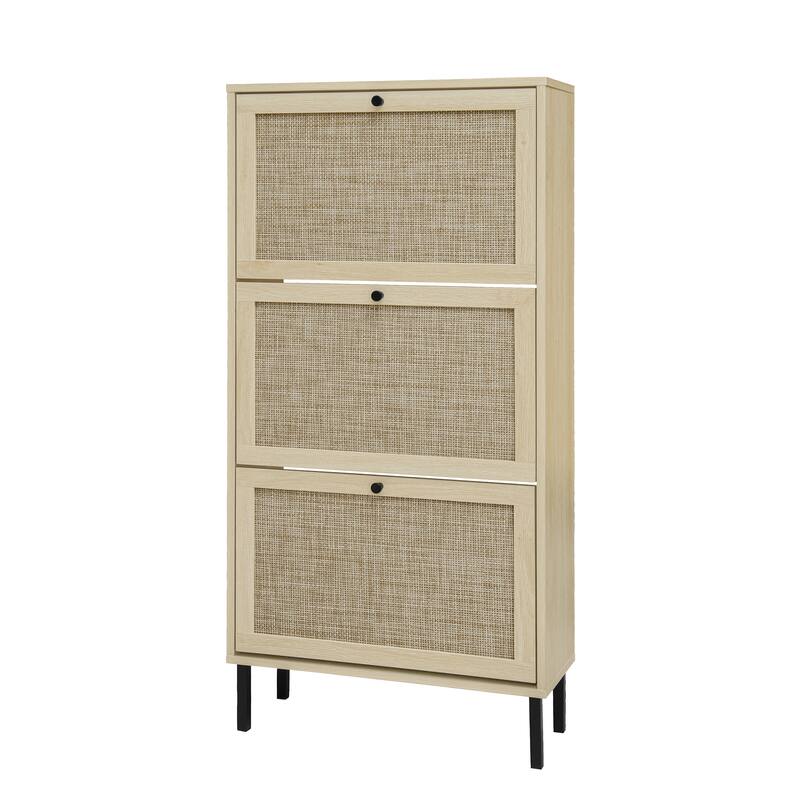 Shoe Storage Cabinet with 3 Flip Drawers, Freestanding 3-Tier Shoe Rack, Slim Shoe Organizer with Half Round Woven Rattan Doors