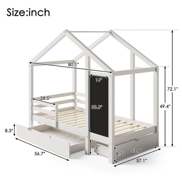 White Multiple Storage Functions Full House Bed with Protective Rails Three Sides, Blackboard and Drawers, Two assembly options