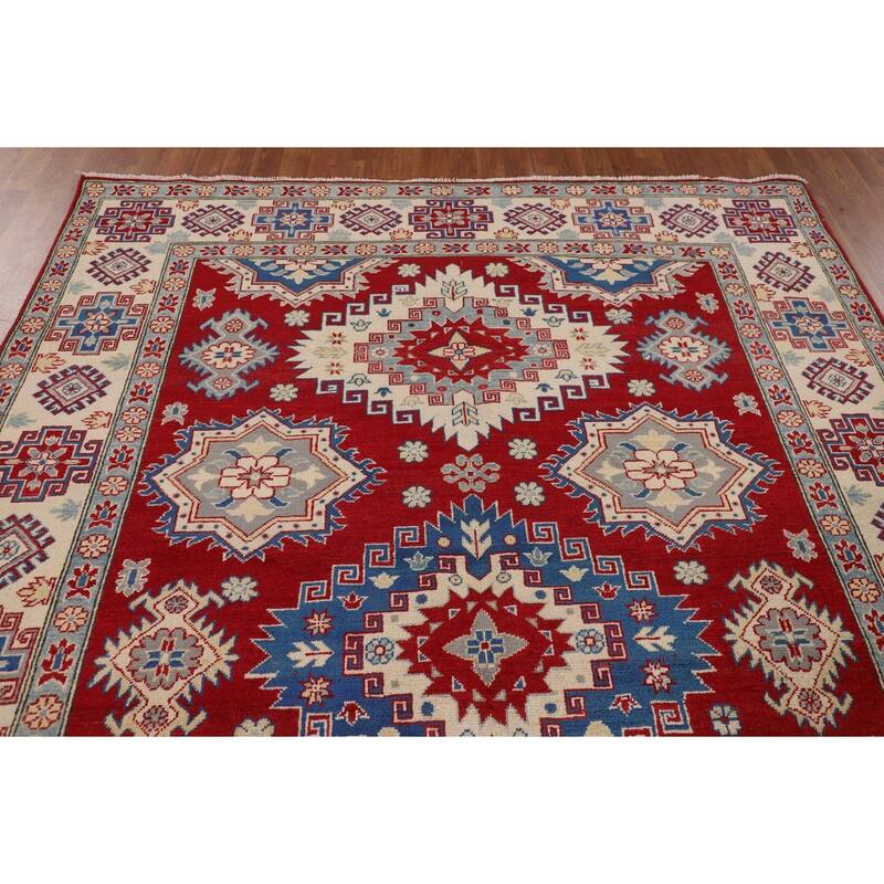 Red Geometric Kazak Rug Hand-Knotted Living Room Wool Carpet - 6'9" x 9'6"
