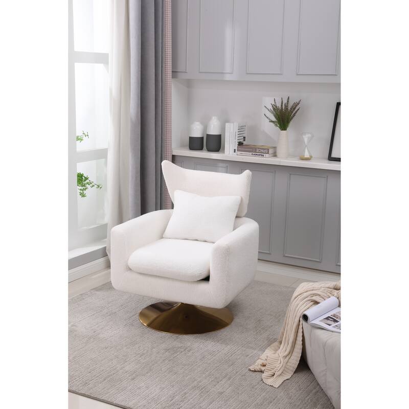 White Modern 29.9" Upholstered 360° Swivel Accent Chair with Iron Base and Pillow