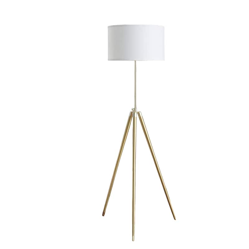 HomeRoots Gold Metal Adjustable Tripod Floor Lamp With White Linen Drum Shade