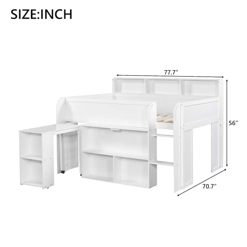 Full Size Wood Kids Loft Bed Frame with Pull-out Desk, Multiple Storage Bookshelf Built-in LED