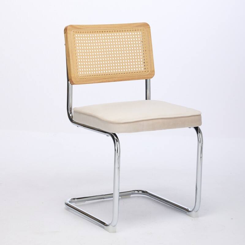 Mid Century Modern Dining Chairs Set of 2, Natural Cane Back & Stainless Chrome Base, Upholstered Rattan Kitchen Chairs