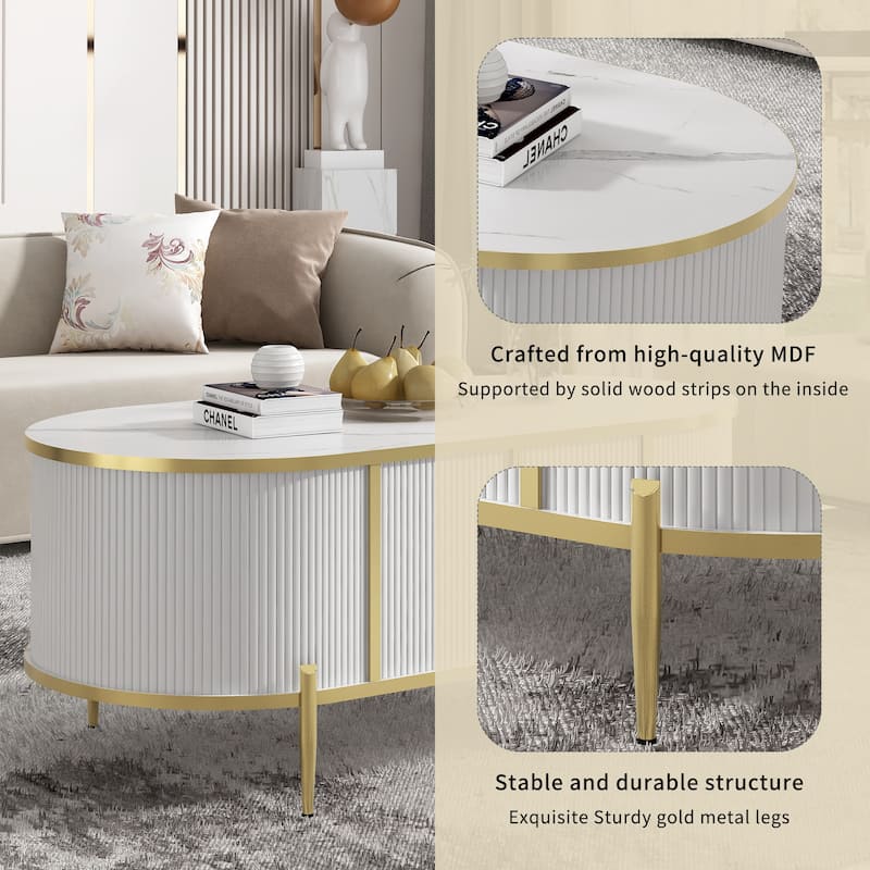 Oval Storage Coffee Table with 2 Cabinets, Faux Marble Top Center Couch Table with Metal Legs, Living Room Table