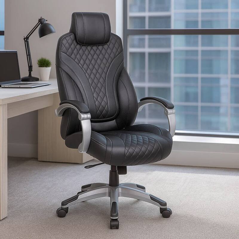 Kelly Rolling Executive Armchair, Black Gray Stitched-Back Caressoftplus