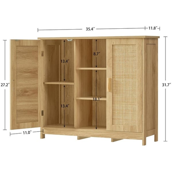dimension image slide 1 of 4, Rattan Storage Cabinet with 3 Adjustable Shelves - 11.8"D x 35.4"W x 31.7"H