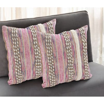 Set of Two Pink Striped Cotton Throw Pillow With Fringe