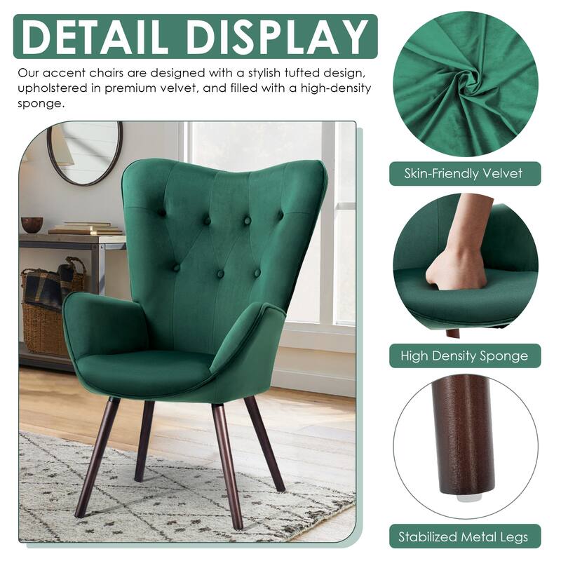 Homy Casa Velvet Accent Chair with Tufted Backrest and Armrests for Living Room and Reading Corner Available in Dark Green