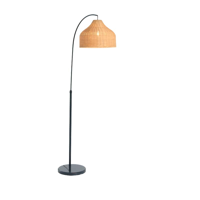 Floor Lamp with Marble Base and Rattan Shade - Black and Natural