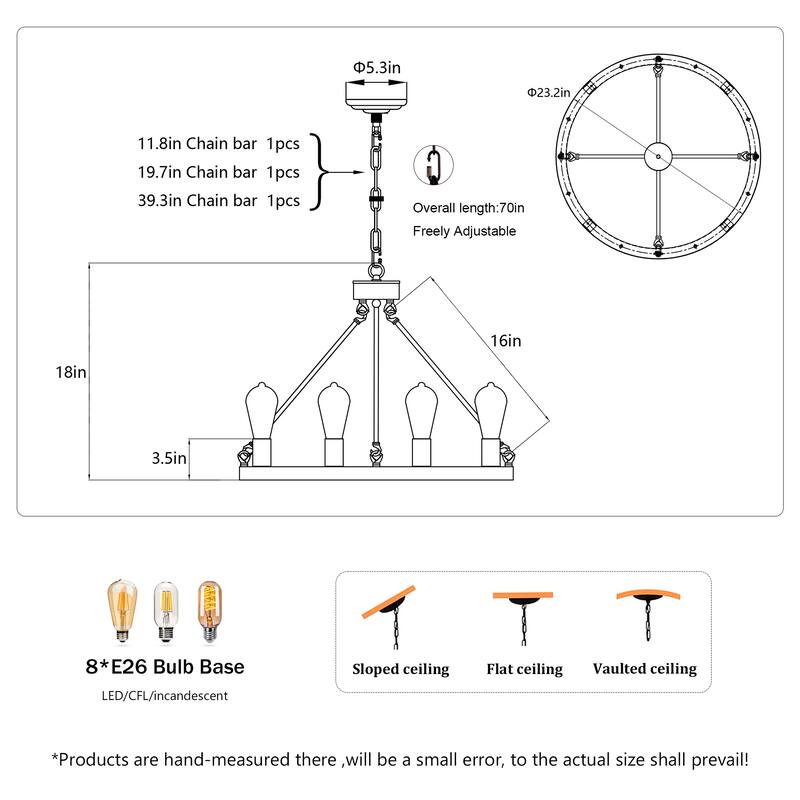 Farmhouse Style Small Round Ceiling Light 8-Lamp Wagon Wheel Chandelier, for Kitchen Island, Dining Room and Living Room