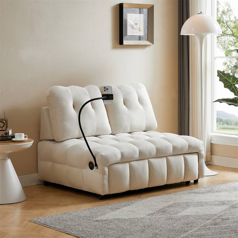 Velvet Pull Out Sofa with Removable Backrest,USB Port and Phone Stand