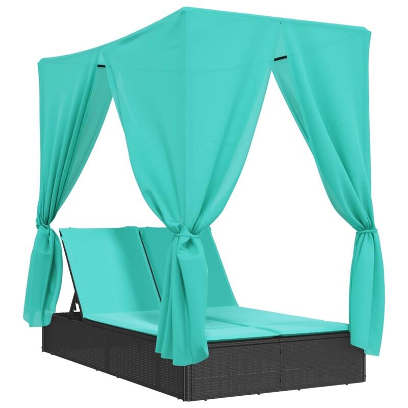 vidaXL Double Sun Lounger with Roof and Curtains Brown/Gray/Black Poly Rattan - 78.7" x 44.9" x 77.2"