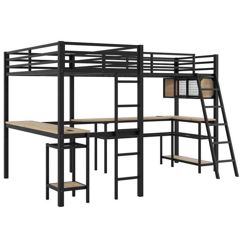 Roomfitters Metal Twin L-Shaped Loft Bed with 2 Desks, LED Lights and Charging Station, Black
