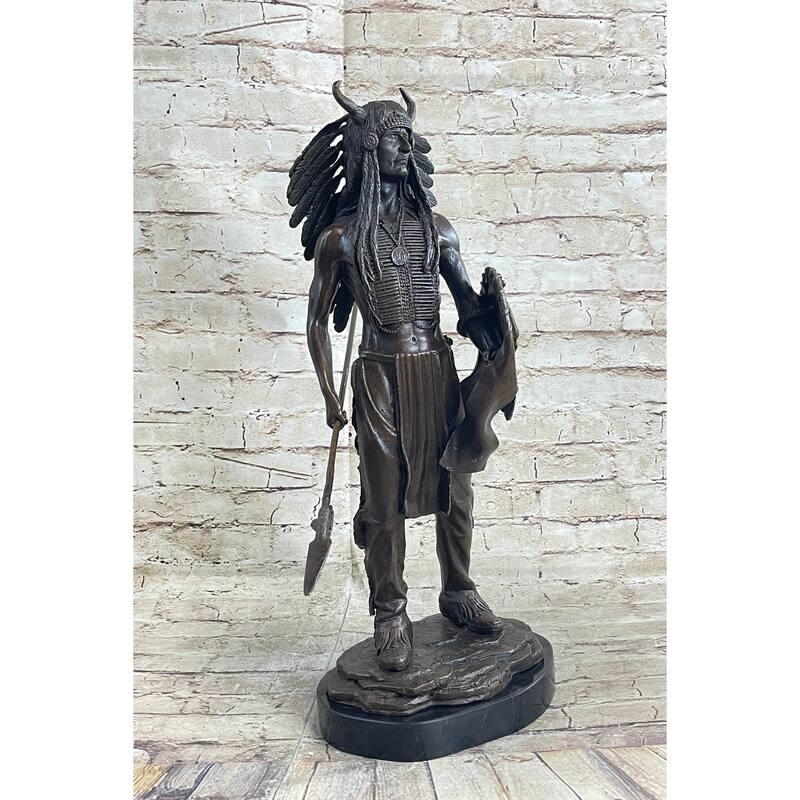 Native American Indian Warrior W/ War Bonnet Bronze Sculpture Statue By P. Manship