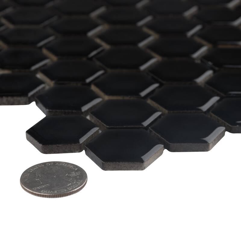 Merola Tile Hudson 1" Hex Glossy Black 11-7/8" x 13-1/4" Porcelain Mosaic Floor and Wall Tile