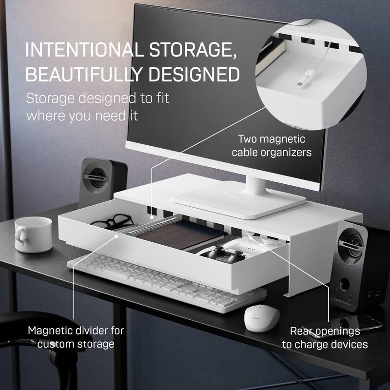 Yamazaki Home Monitor Stand With Drawer, Steel - L 16.1 x W 19.7 x H 5 inches