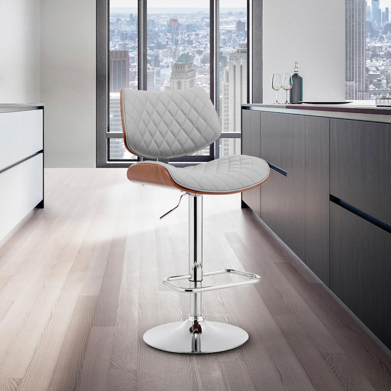 Grey Faux Leather Swivel Bar Chair with Footrest and Adjustable Chrome Frame - 20” x 19” x 45” (D x W x H)