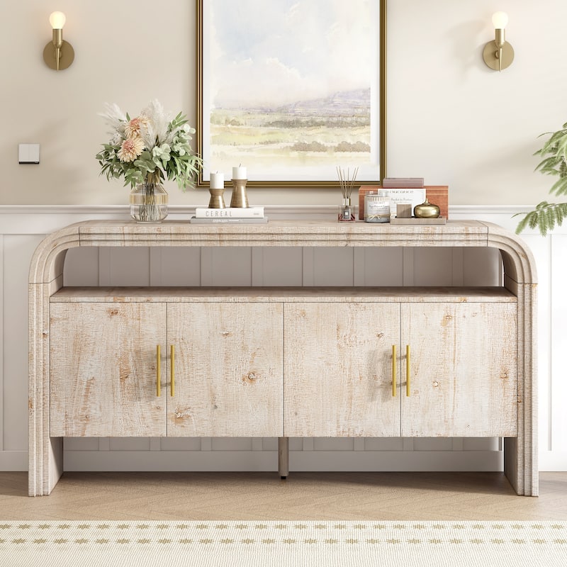 Curved Sideboard with 4 Doors, Wood Accent Entryway Console Table, Freestanding Buffet Cabinet with Open Shelves