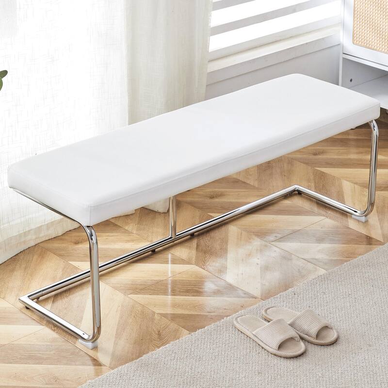 Roomfitters Modern Shoe Bench with Silver Metal Legs, Upholstered Sofa Bench for Bedroom and Living Room - White
