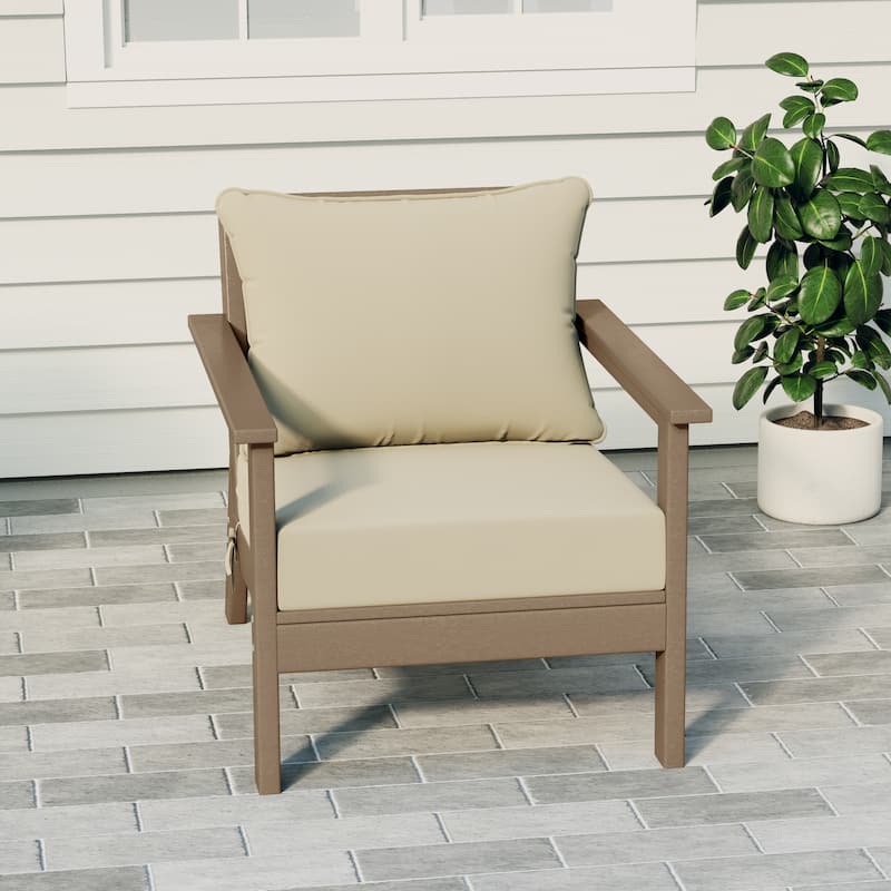 Birchwood All Weather HDPE Outdoor Patio Deep Seating Weathered Wood Club Chair With Cushions (1-Piece)
