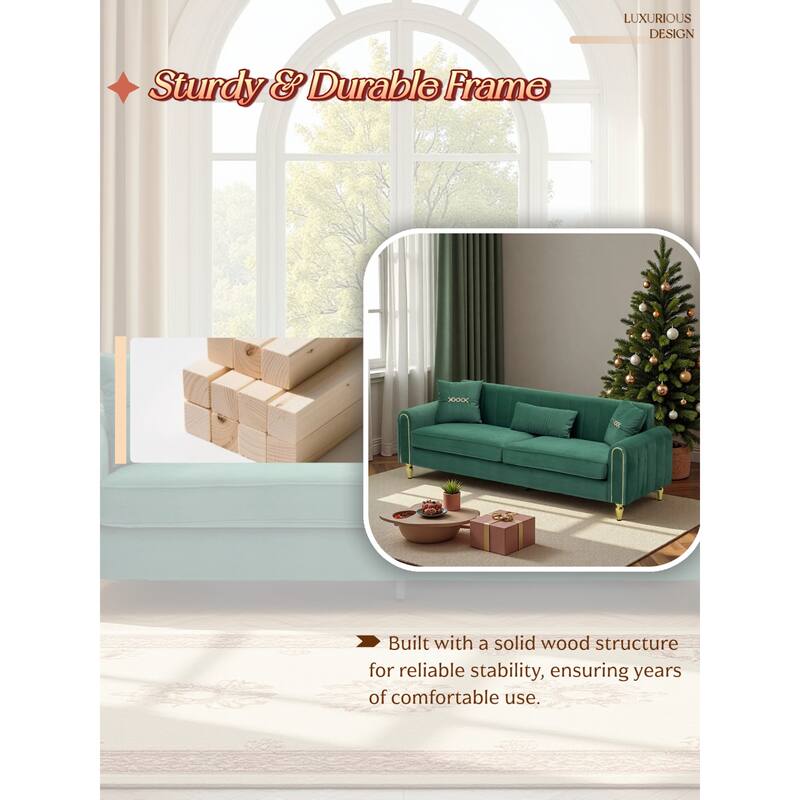 Roomfitters 87.4 Inch 3 Seater Elegant Modern Upholstered Sofa with Gold Metal Trim, Vertical Channel Tufted Back