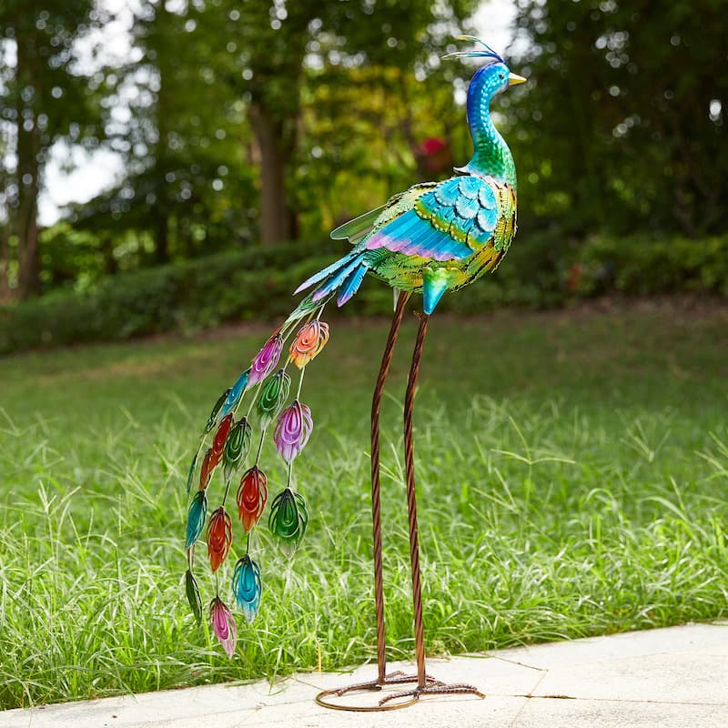 Glitzhome Metal Standing Peacock Garden Statue with Stakes for Indoor Outdoor - Standing