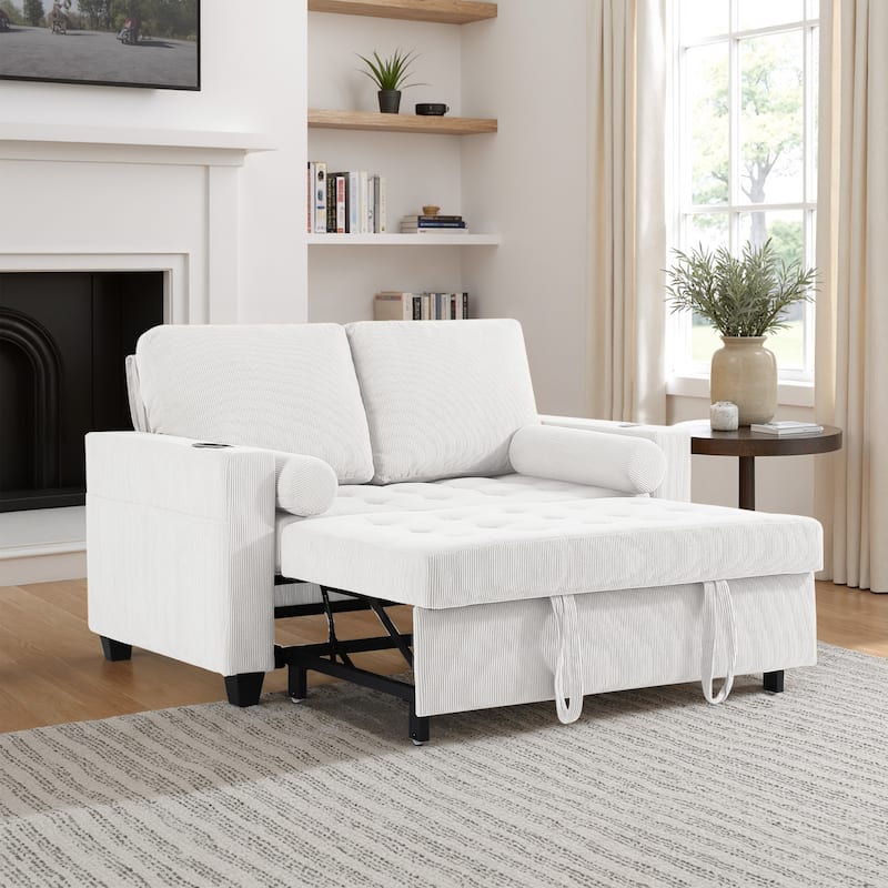 Corduroy Pull-Out Chair Bed Adjustable Recline Convertible Sleeper Sofa - Beige