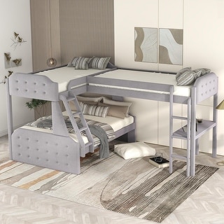 L-Shaped Twin over Full Bunk Bed with Desk and Upholstered Panels