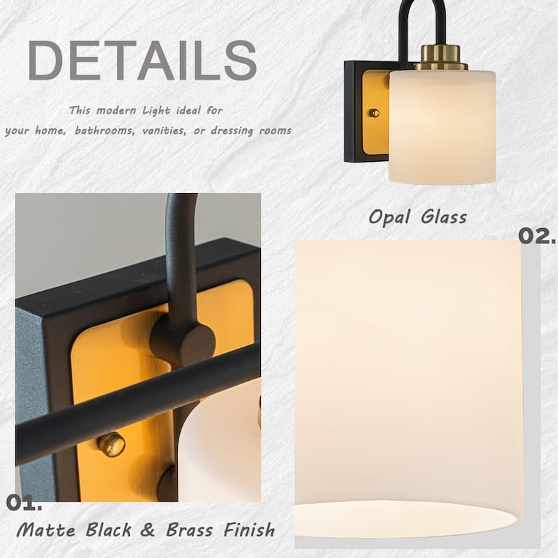 1/3-Light Modern Elegant Brass And Black Bathrooom Vanity Light With Milk White Glass Shades