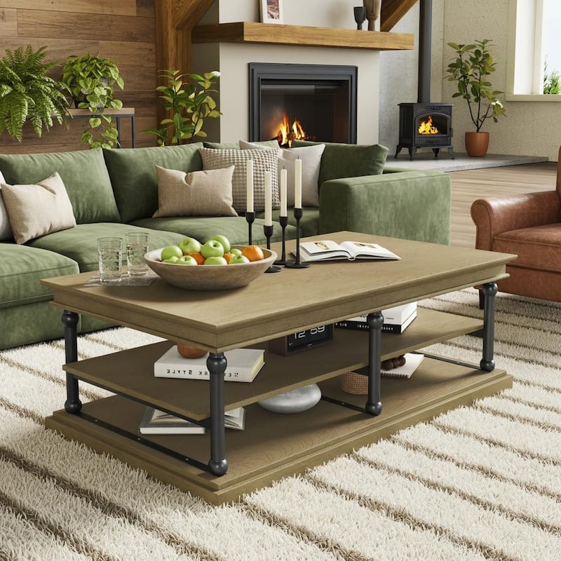3-Tier Wood Coffee Table with Black Turned Legs & Dual Open Shelves by Harper&Bright Designs