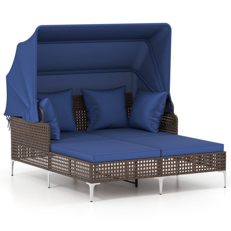 Mix Brown PE Rattan Outdoor Daybed with Cushions and Canopy - 60" x 52.5" x 54.5"