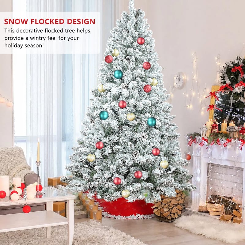 4FT Flocked Christmas Tree with Pine Cones-Snowy PVC Artificial Tree, 366 Branch Tips, 21 Natural Pinecones, Sturdy Metal Stand