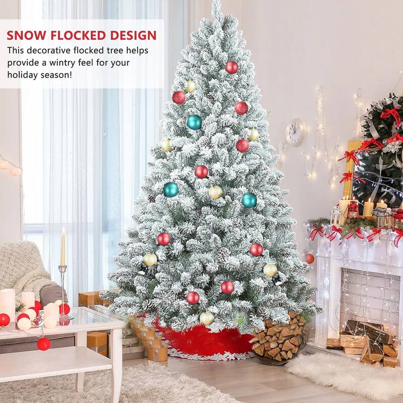 Flocked Artificial Christmas Tree - Snowy PVC Branches, Pine Cones, Metal Stand, Full Shape - Green,White
