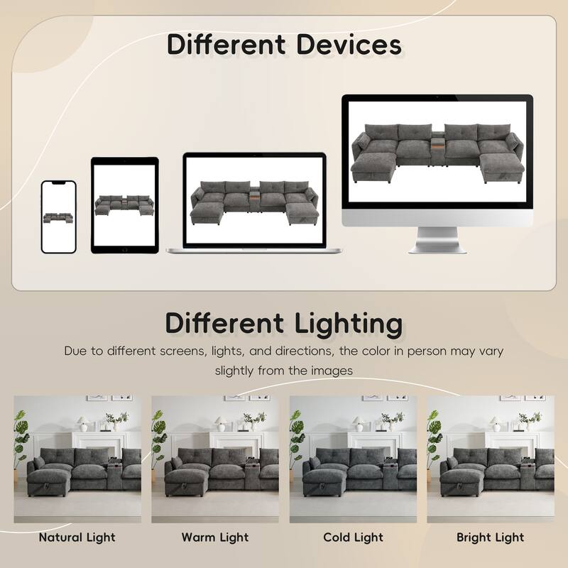 Oversized U Shaped Modular Sectional Sofa with 2 Storage Ottomans, Chenille 6 Seat Sofa with Console, Cup Holder & USB Charger