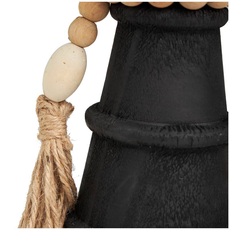 Black Wood Handmade Textured Matte Candle Holder with Beaded Garland Accent (Set of 2)