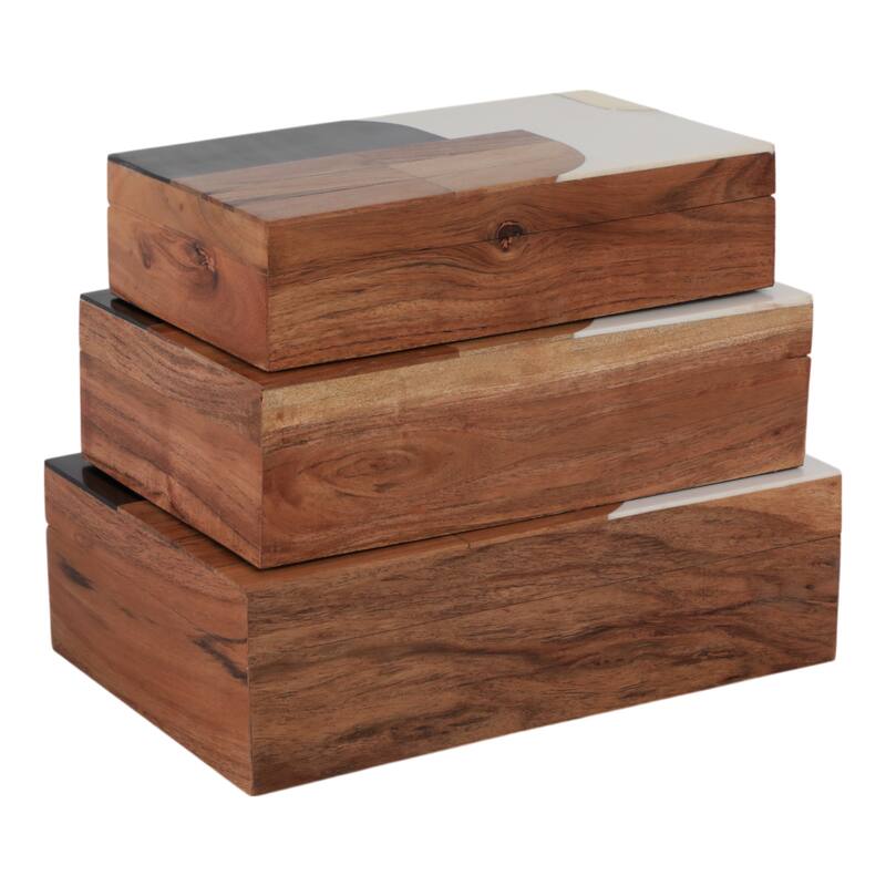 Sagebrook Home Modern Decorative Storage Boxes - Set of 3 Resin, Wood & Fabric Stylish Organizers