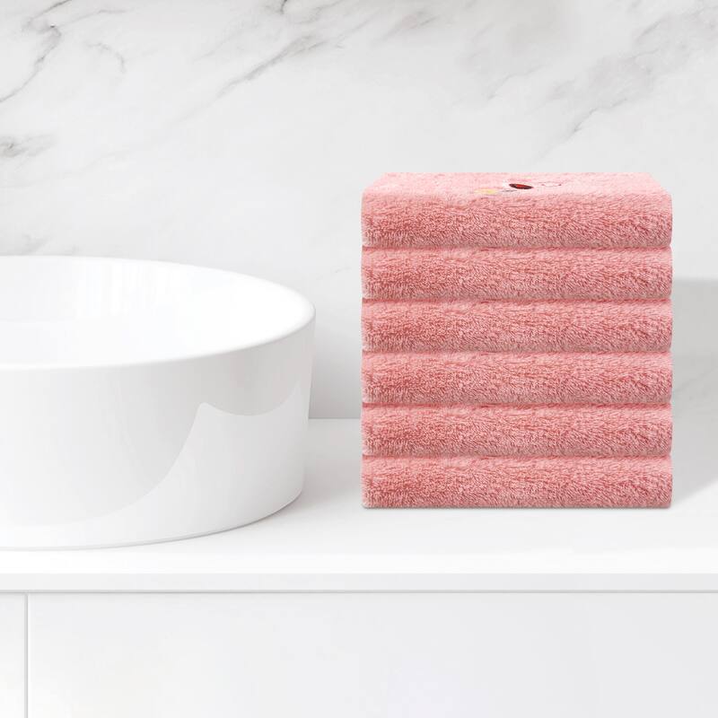 6 Pack Cotton Washcloths, Cartoon Pattern Face Cloths, Highly Absorbent and Lightweight Towels for Bathroom 13"x13" - Pink