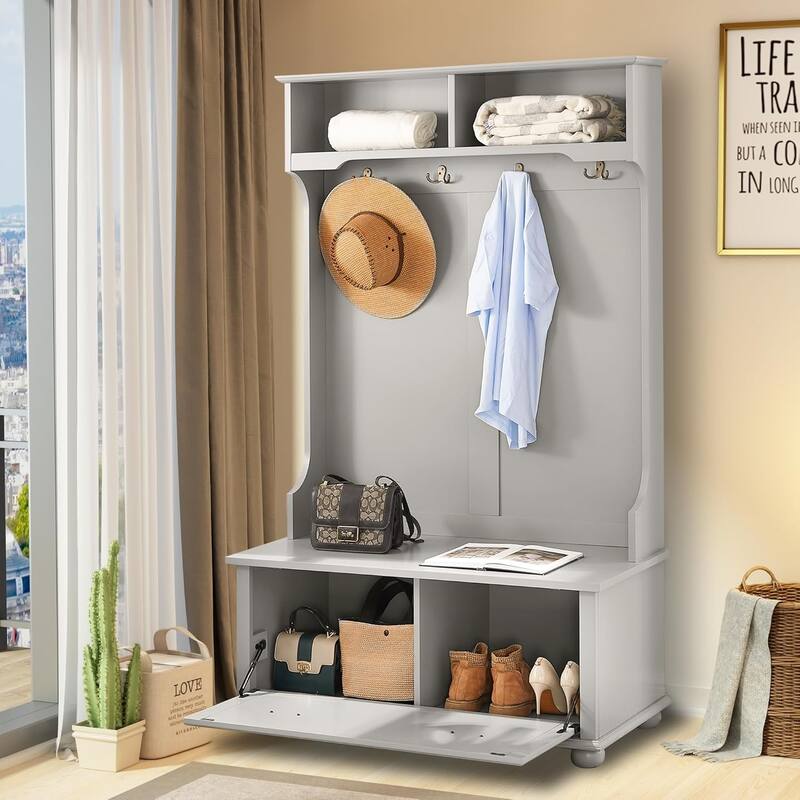Roomfitters Classic Coastal Style Hall Tree Entryway Bench with Open Shelves, Shoe Cabinets, Solid Wood Feet