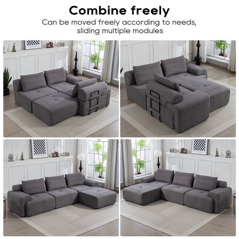 L-Shaped Modular Sectional Sofa, Corduroy Convertible Sectional Sofa Bed, Compression Sofa with Memory Foam & Steel Frame - Grey
