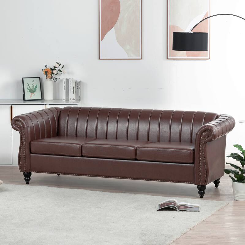 Chesterfield Sofa 83.46" with PU Leather, Quilted Backrest, Birch Legs