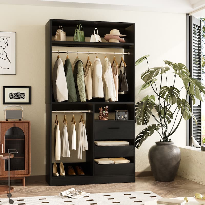 36'' W Freestanding Walk-in Closet Organizer System with 2 Hanging Rods and 3 Wood Drawers
