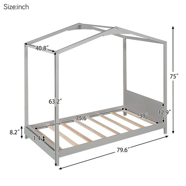 dimension image slide 0 of 2, Charming Twin House Platform Bed with Headboard, Pine Wood and MDF, Built-in Bookrack