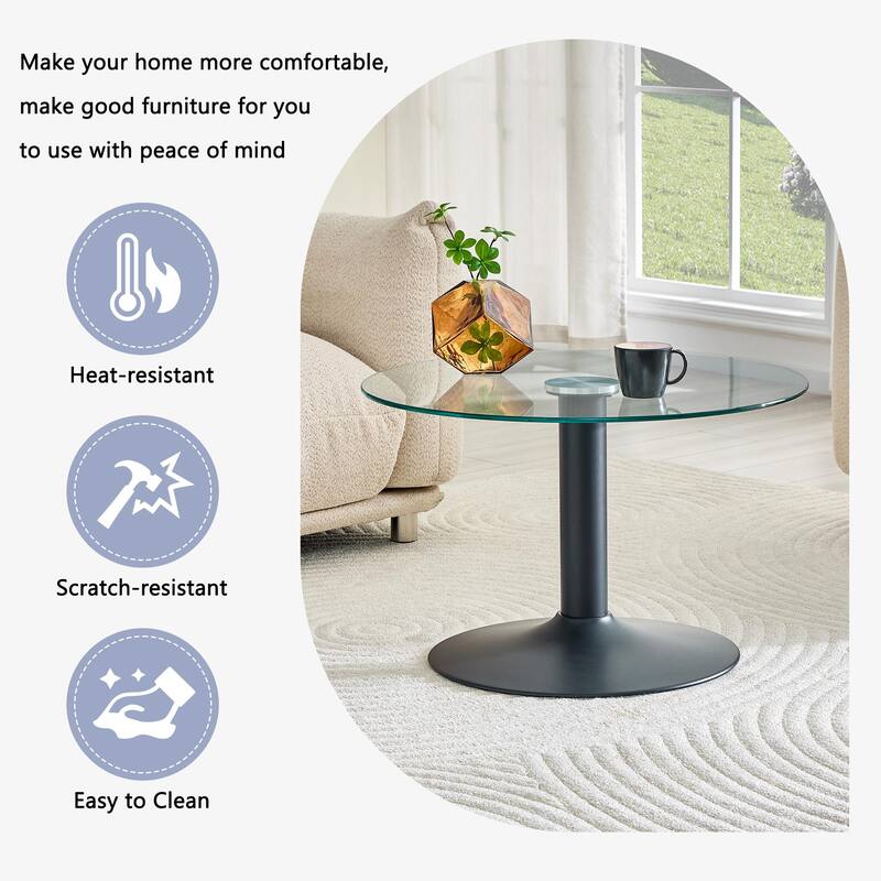Roomfitters 27.5-Inch Round Tempered Glass Coffee Table, Metal Base, Circular Center Table, Modern Minimalist