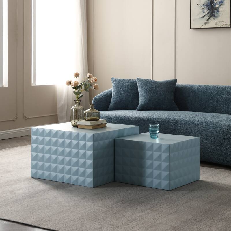 Modern Glam Square Nesting Coffee End Side Table for Living Room(Set of 2) - Blue-23.62x23.62x15.75