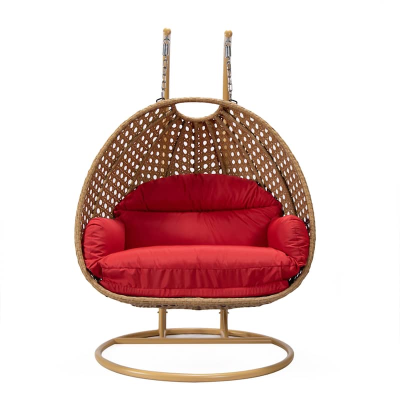 LeisureMod Mendoza 2-Person Hanging Egg Swing Chair - Handcrafted Light Brown Wicker, Patio Hammock Lounger with Cushions - 53"