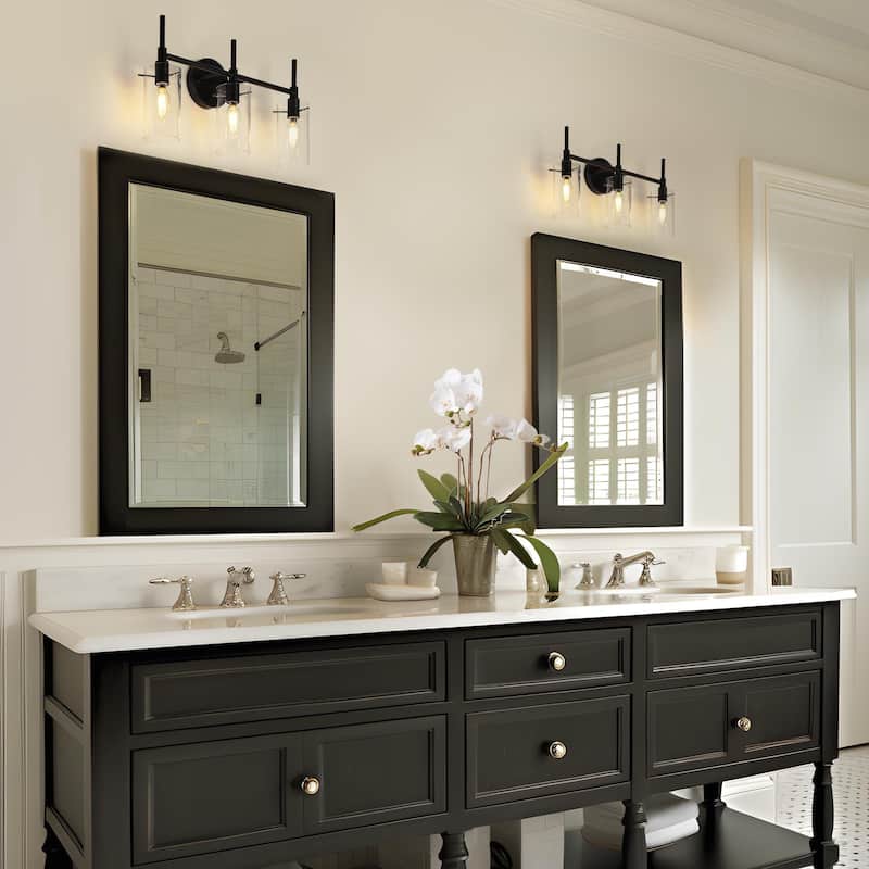 Modern 3-Light Matte Black Dimmable Bathroom Vanity Lights Cylinder Shade Wall Sconces with Clear Glass - 20" L x 6" W x 10.5" H
