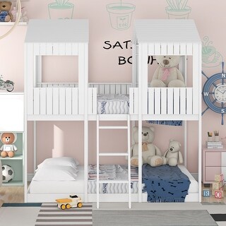 Full Over Full All-in-One Wood Bunk Bed w/ Roof, Window, Guardrail, Ladder Loft Bed Frame for Kids, Teens, Girls Floor Bed