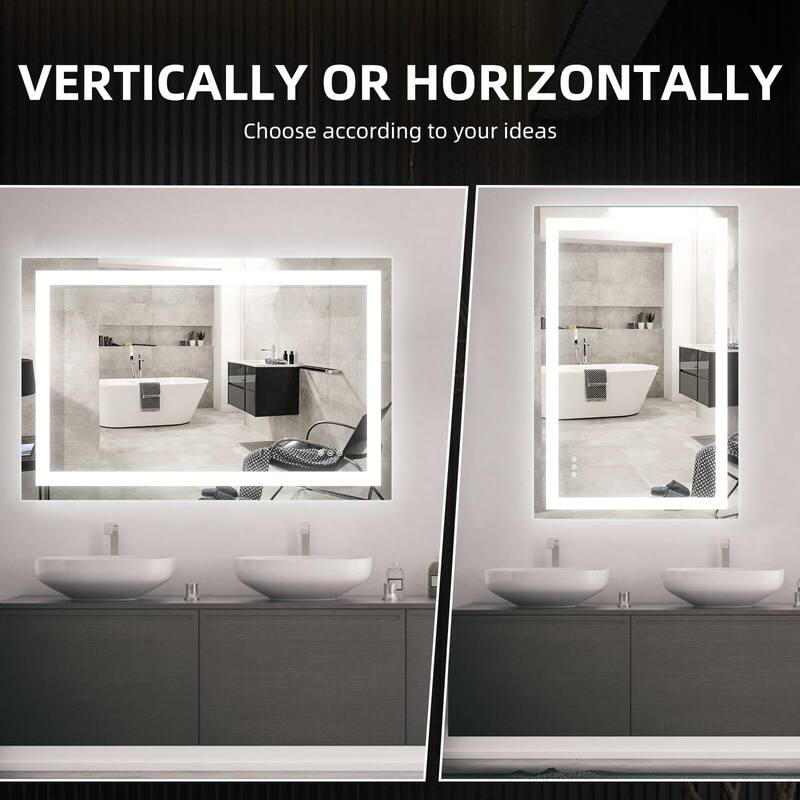 LED Bathroom Mirrorwith Front and Backlight, Stepless Dimmable Wall Mirrors with Anti-Fog