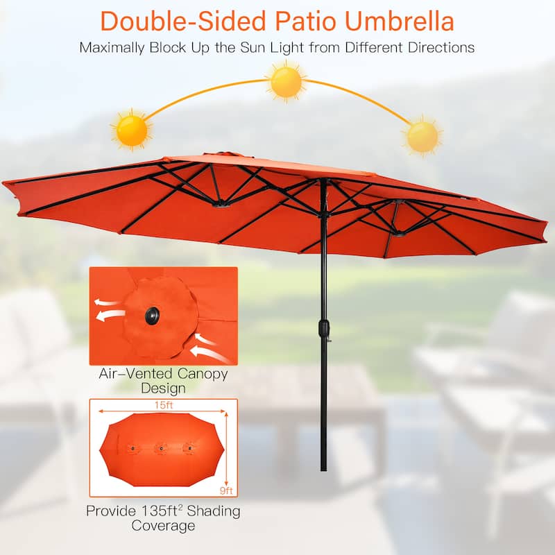 Costway 15FT Double-Sided Twin Patio Umbrella Outdoor Market W/ Crank