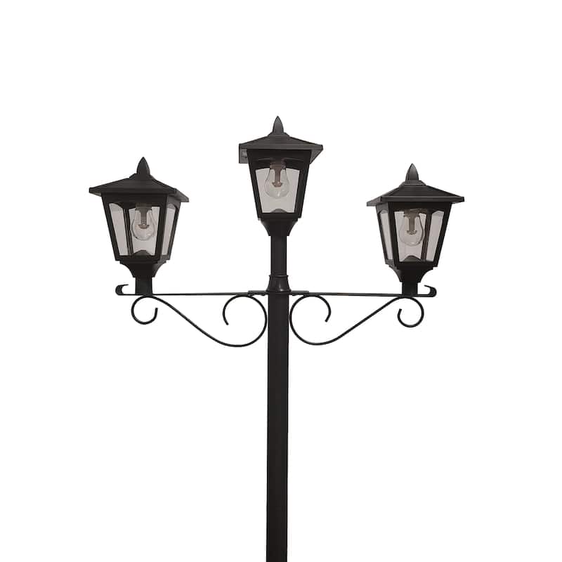 Gama Sonic Triple Head 3-Light Black Outdoor Solar Warm White LED Lamp Post Light Set with Round Planter for Garden and Porch